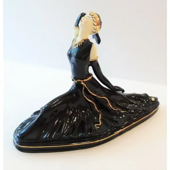 Art Deco LADY DANCER FIGURINE Black Porcelain 24K Gold Accent Split Ballet Pose